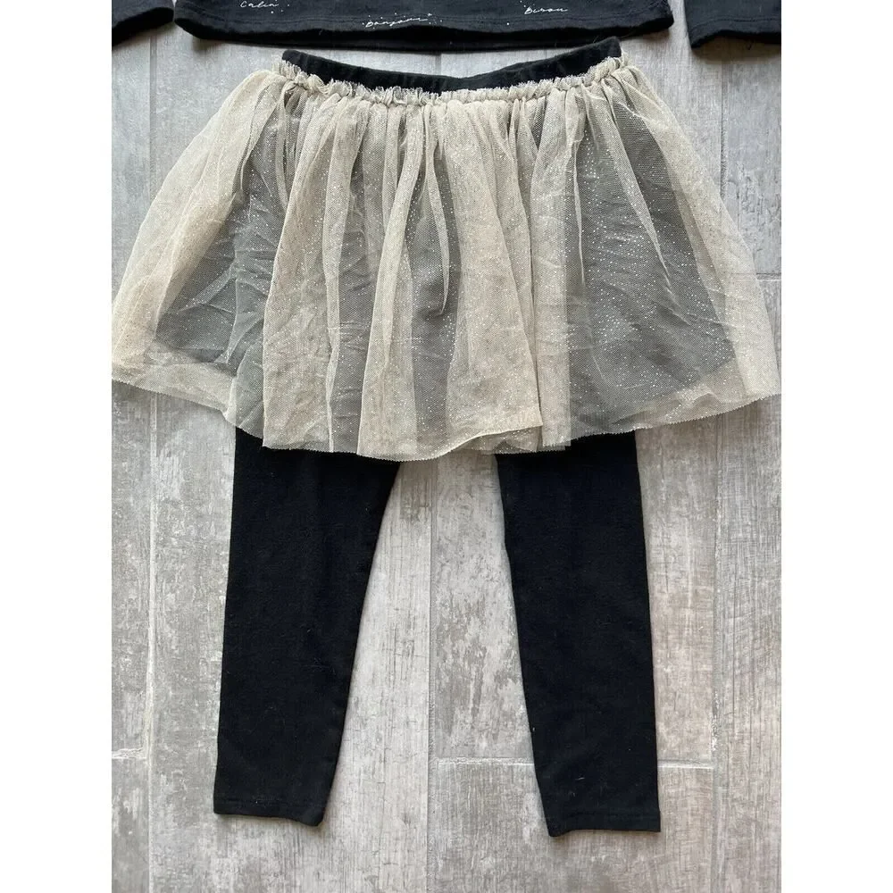 BCBG Girls Black Gold Pants Leggings Tutu Skirt & Top Outfit 2 Piece Set 5T
